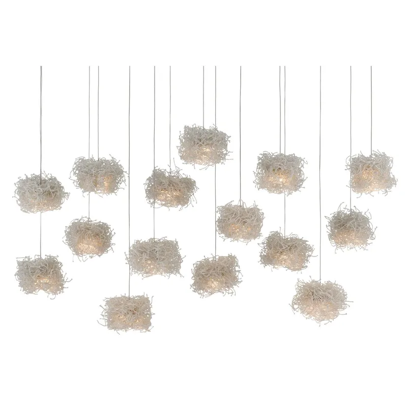 Birds Nest 15-Light Rectangular Multi-Drop Pendant - Painted Silver/Clear