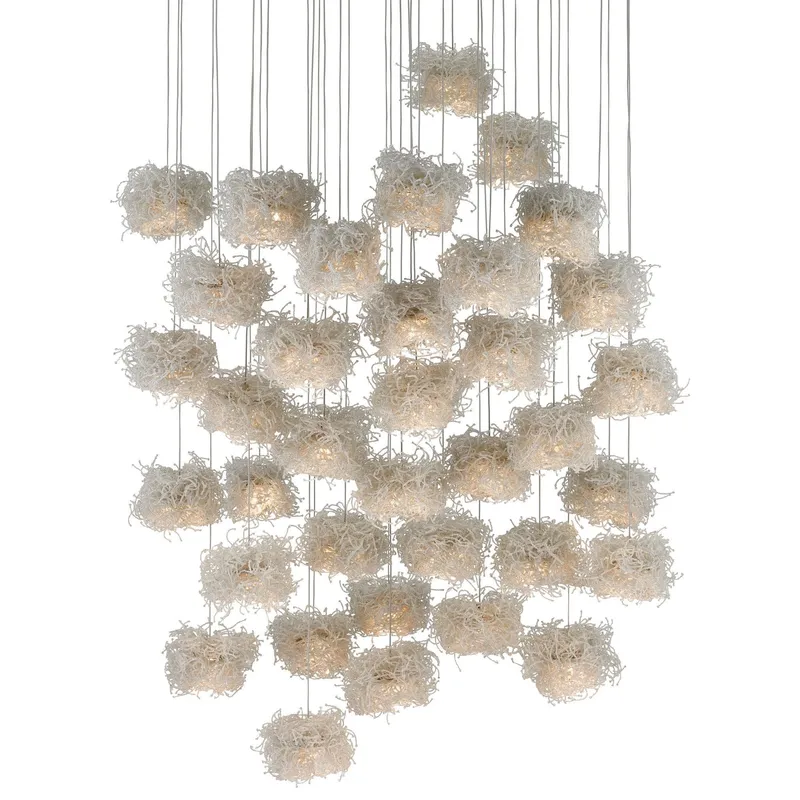 Birds Nest 36-Light Round Multi-Drop Pendant - Painted Silver/Clear