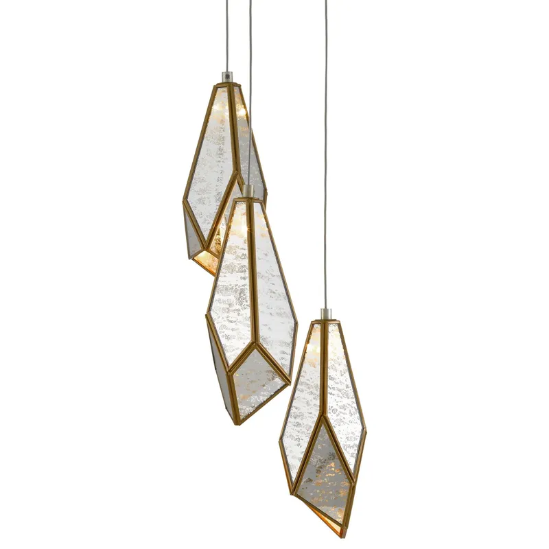Glace Mirror 3-Light Round Multi-Drop Pendant - Painted Silver/Antique Brass