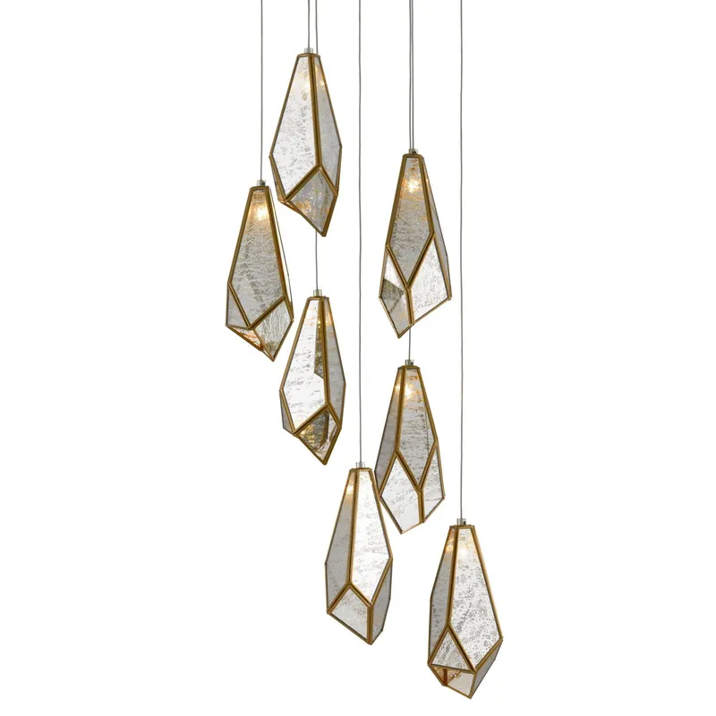 Glace Mirror 7-Light Round Multi-Drop Pendant - Painted Silver/Antique Brass