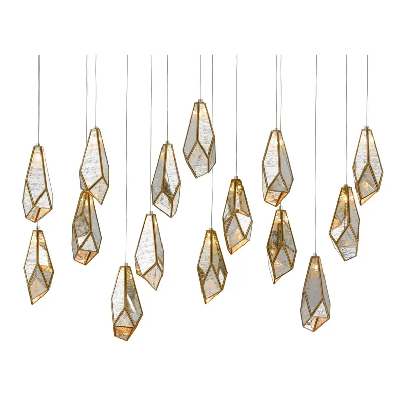 Glace Mirror 15-Light Rectangular Multi-Drop Pendant - Painted Silver/Antique Brass