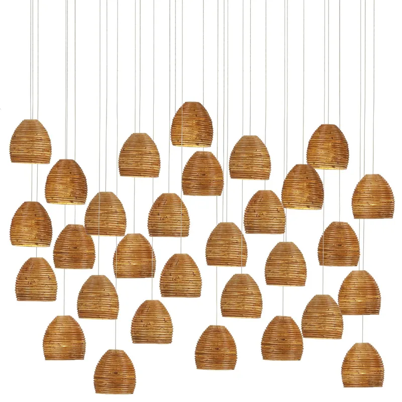 Beehive 30-Light Rectangular Multi-Drop Pendant - Natural Rattan/Silver