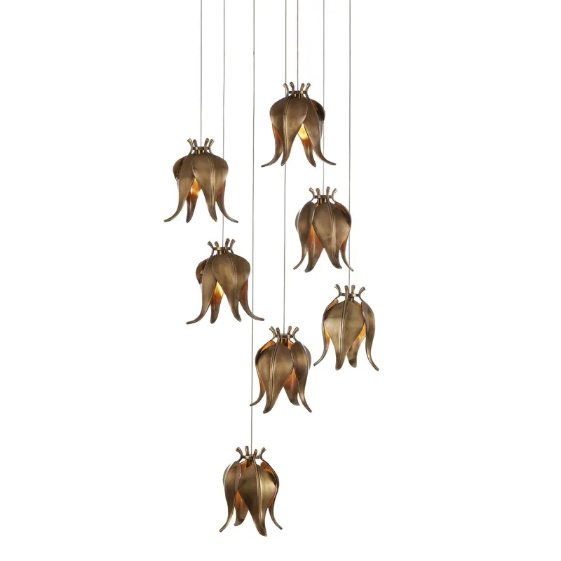 Iota 7-Light Round Multi-Drop Pendant - Antique Brass/Silver