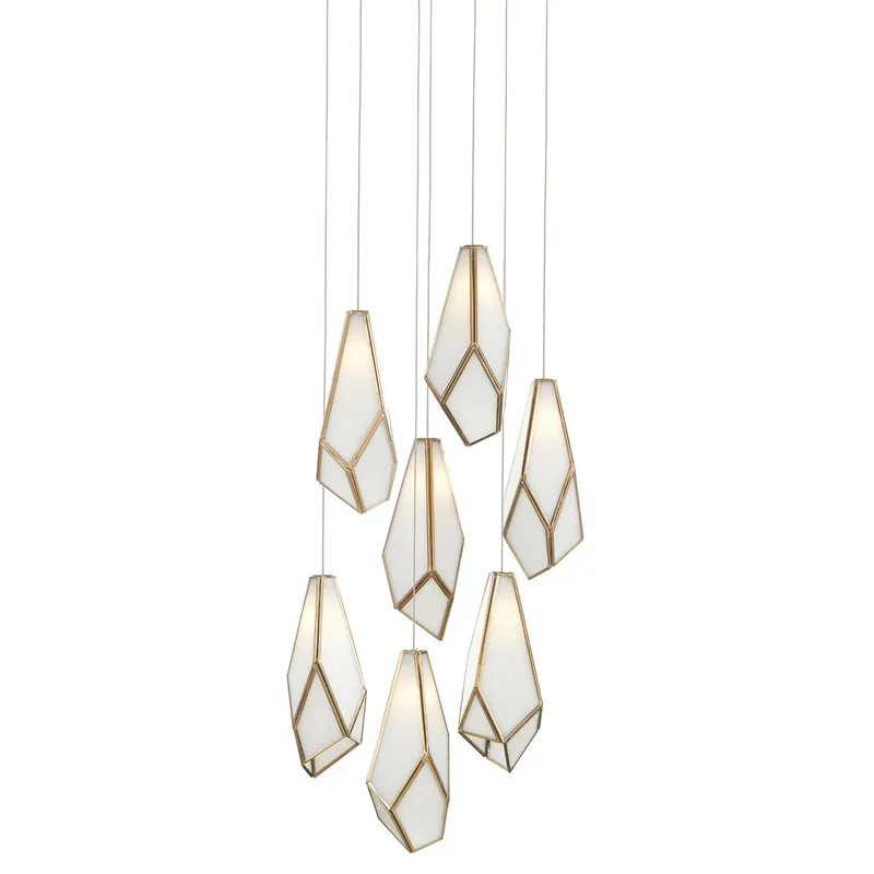 Glace White 7-Light Round Multi-Drop Pendant - White/Antique Brass/Silver