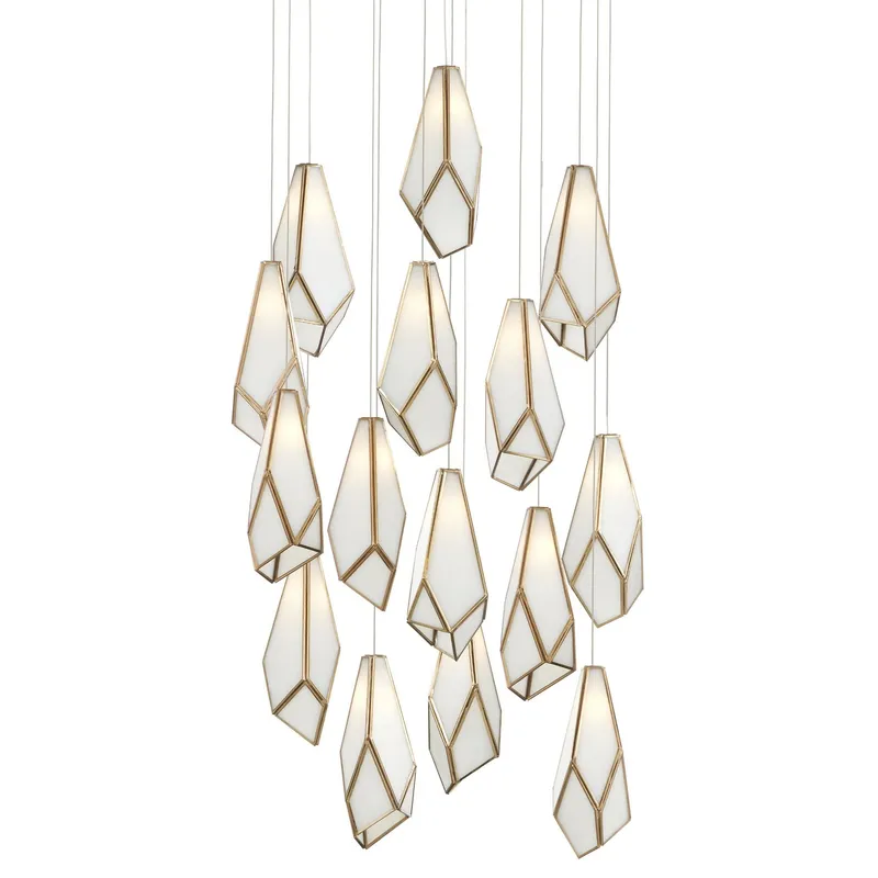 Glace White 15-Light Round Multi-Drop Pendant - White/Antique Brass/Silver