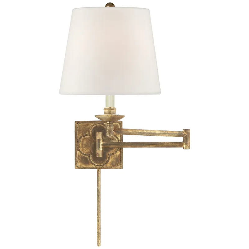Suzanne Kasler Griffith Swing Arm in Gilded Iron with Linen Shade Wall Light W10" x H16"