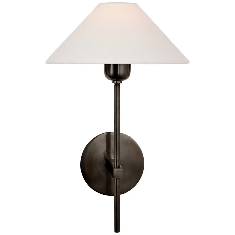 J. Randall Powers Hackney Single Sconce in Bronze with Linen Shade Wall Light W9" x H14"