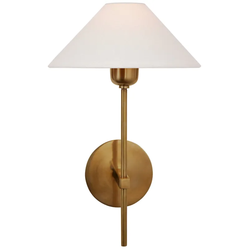 J. Randall Powers Hackney Single Sconce in Hand-Rubbed Antique Brass with Linen Shade Wall Light W9" x H14"