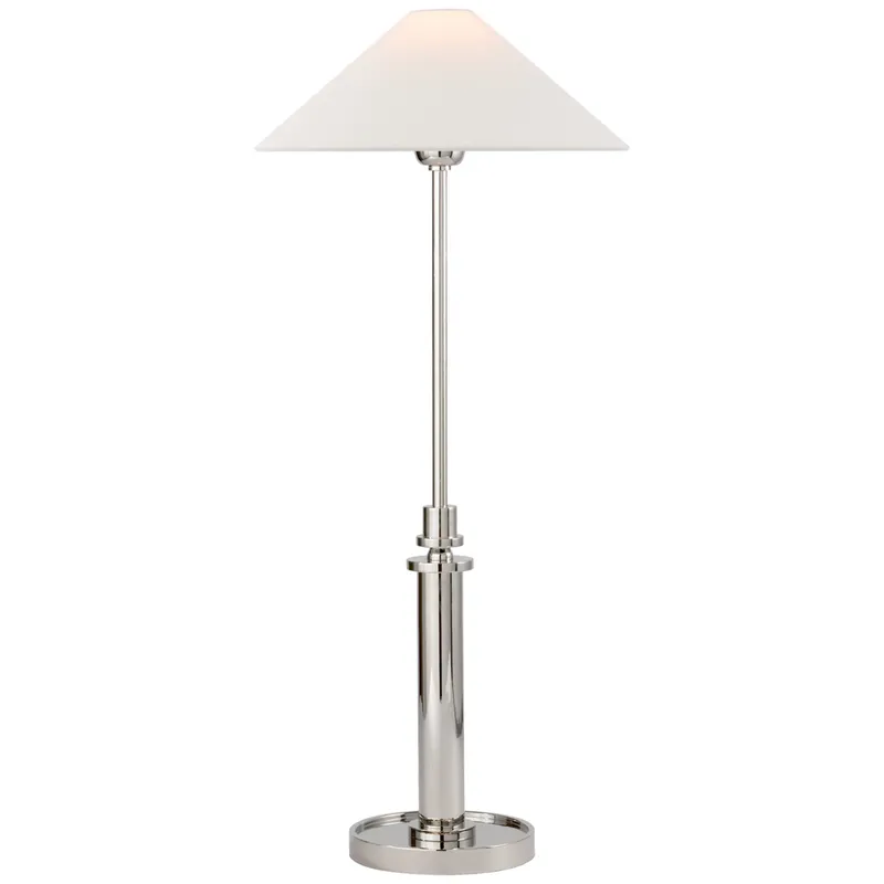 J. Randall Powers Hargett Buffet Lamp in Polished Nickel with Linen Shade Table Lamp W11.75" x H21.5" - 29"