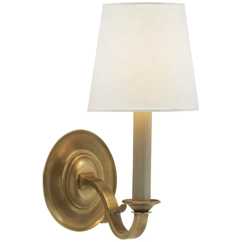 Thomas O'Brien Channing Single Sconce in Hand-Rubbed Antique Brass with Linen Shade Wall Light W6" x H14"