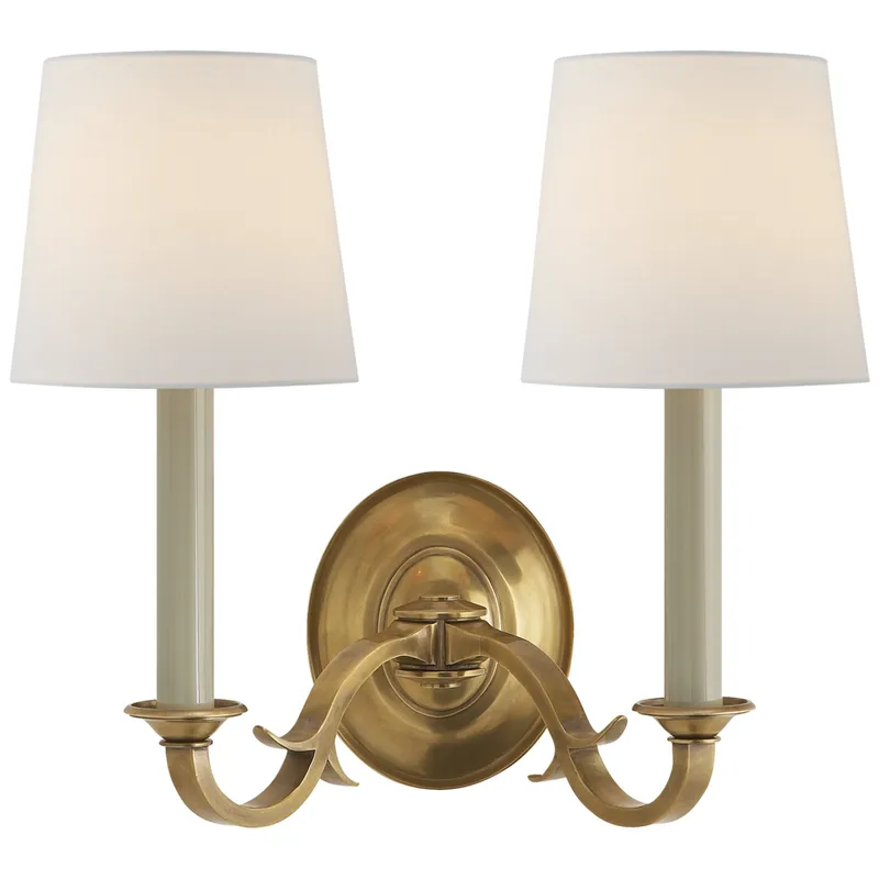 Thomas O'Brien Channing Double Sconce in Hand-Rubbed Antique Brass with Linen Shades Wall Light W15" x H14"