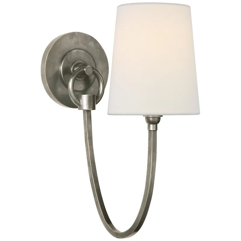Thomas O'Brien Reed Single Sconce in Antique Nickel with Linen Shade Wall Light W5" x H13"