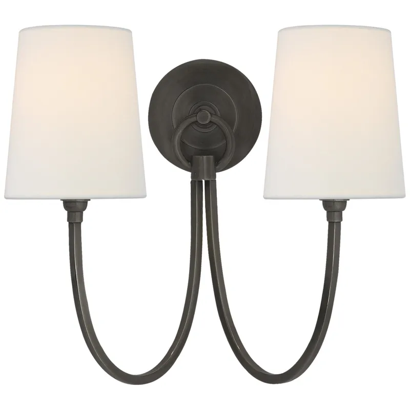 Thomas O'Brien Reed Double Sconce in Bronze with Linen Shades Wall Light W15" x H13"