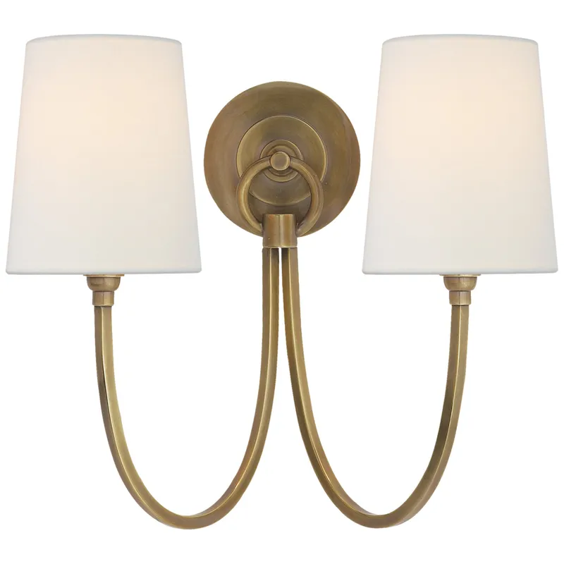 Thomas O'Brien Reed Double Sconce in Hand-Rubbed Antique Brass with Linen Shades Wall Light W15" x H13"
