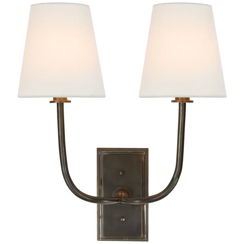 Thomas O'Brien Hulton Double Sconce in Bronze with Crystal Backplate with Linen Shades Wall Light W14" x H17.5"