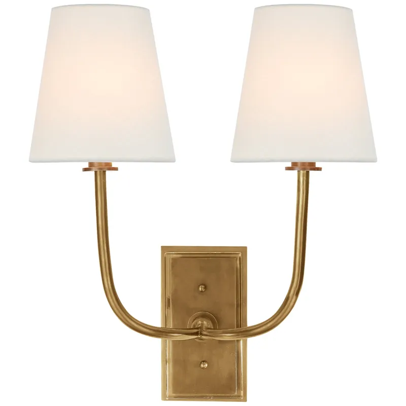 Thomas O'Brien Hulton Double Sconce in Hand-Rubbed Antique Brass with Crystal Backplate with Linen Shades Wall Light W14" x H17.5"
