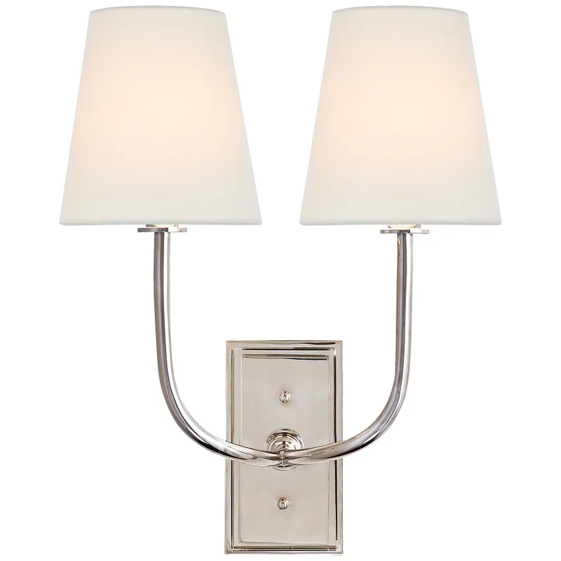 Thomas O'Brien Hulton Double Sconce in Polished Nickel with Crystal Backplate with Linen Shades Wall Light W14" x H17.5"