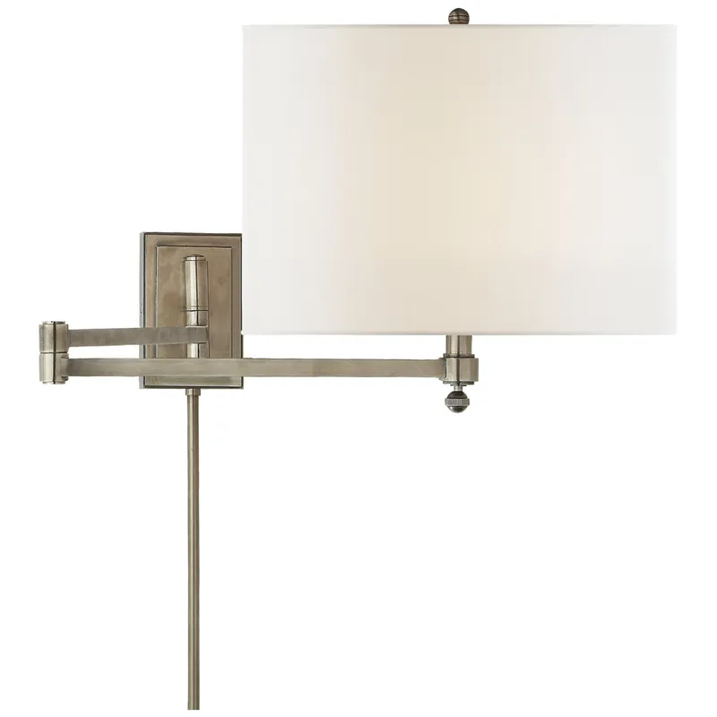 Thomas O'Brien Hudson Swing Arm in Antique Nickel with Linen Shade Wall Light W12" x H11"