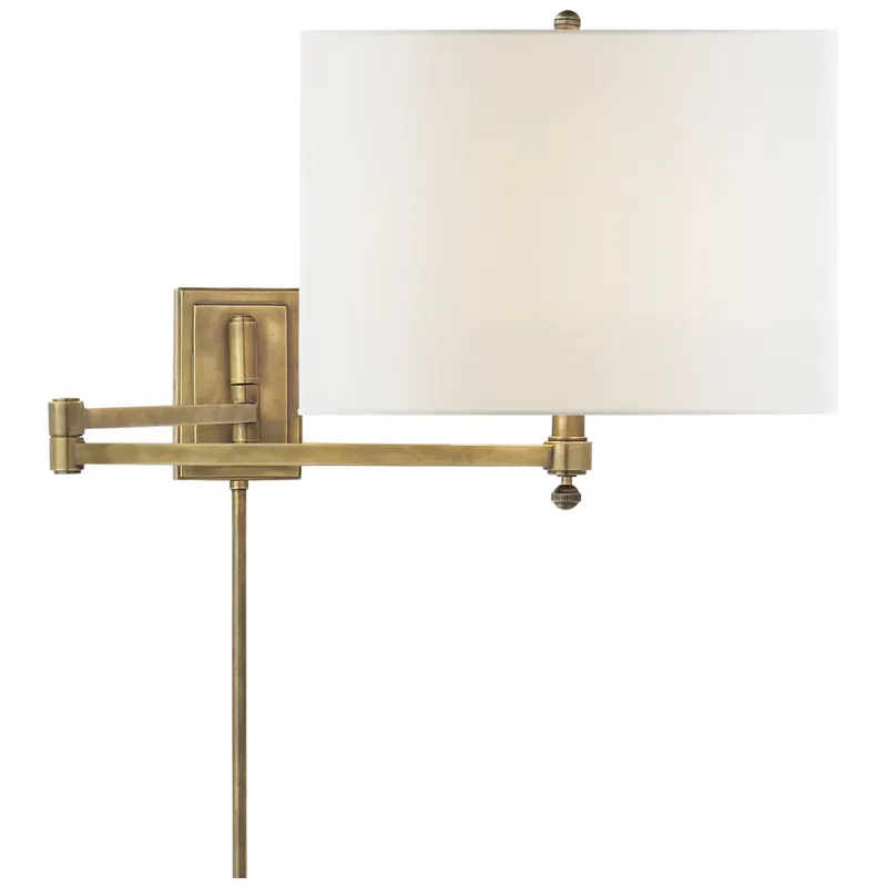 Thomas O'Brien Hudson Swing Arm in Hand-Rubbed Antique Brass with Linen Shade Wall Light W12" x H11"