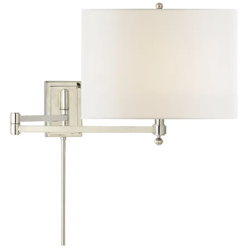 Thomas O'Brien Hudson Swing Arm in Polished Nickel with Linen Shade Wall Light W12" x H11"