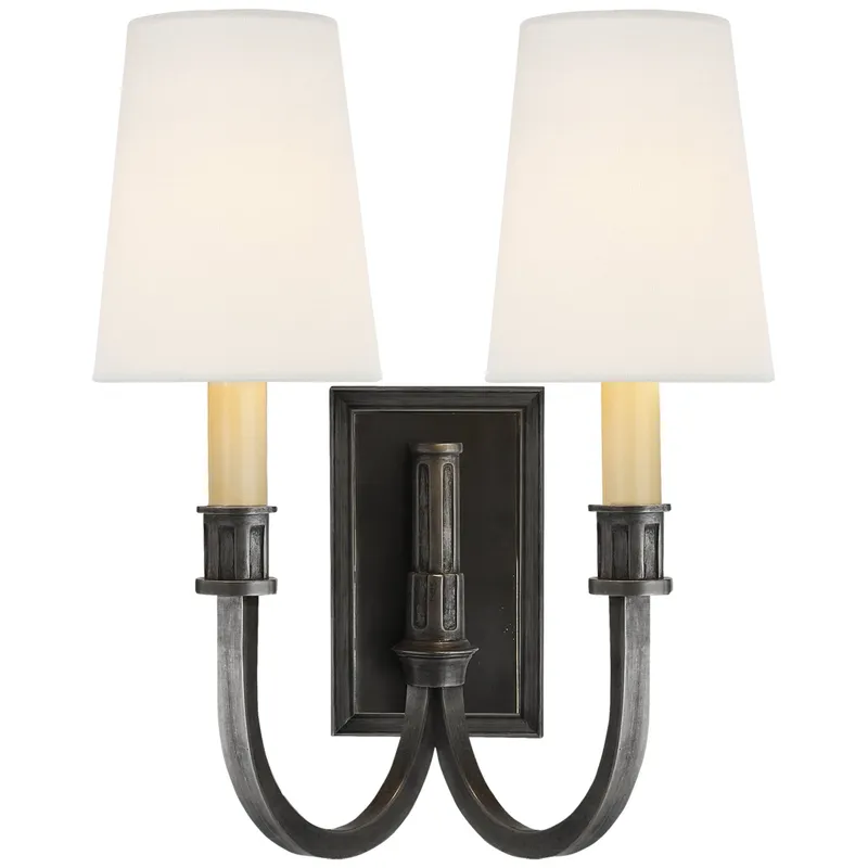 Thomas O'Brien Modern Library Double Sconce in Bronze with Linen Shades Wall Light W11.5" x H14.5"