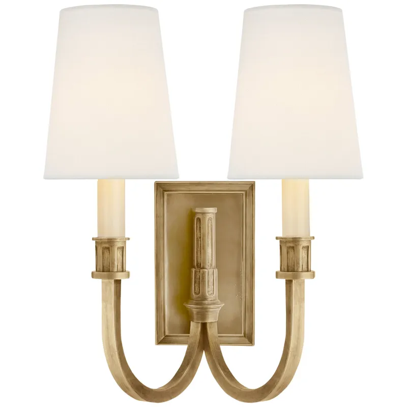 Thomas O'Brien Modern Library Double Sconce in Hand-Rubbed Antique Brass with Linen Shades Wall Light W11.5" x H14.5"
