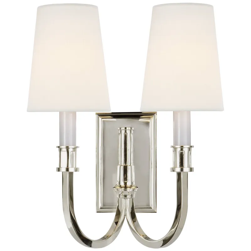 Thomas O'Brien Modern Library Double Sconce in Polished Nickel with Linen Shades Wall Light W11.5" x H14.5"