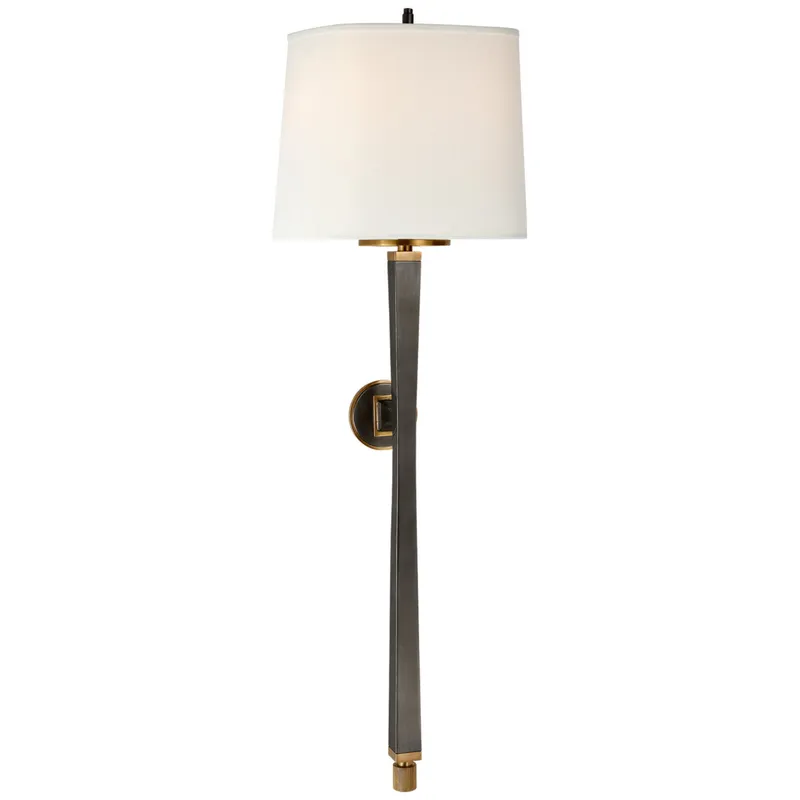 Thomas O'Brien Edie Baluster Sconce in Bronze and Hand-Rubbed Antique Brass with Linen Shade Wall Light W10" x H32.75"