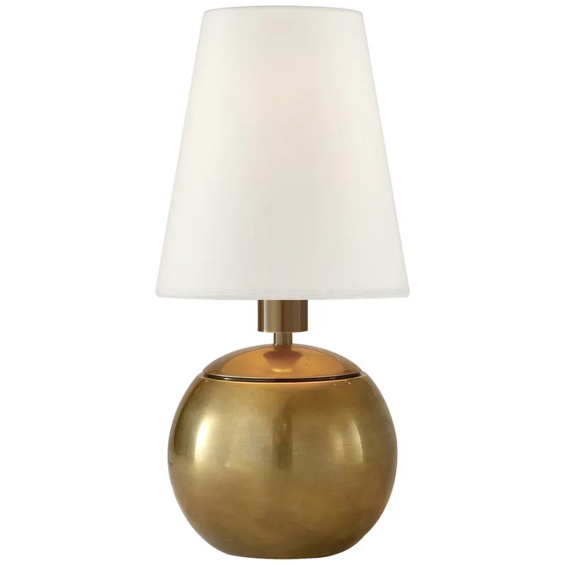 Thomas O'Brien Tiny Terri Round Accent Lamp in Hand-Rubbed Antique Brass with Linen Shade Table Lamp W5" x H11.5"