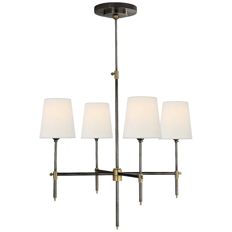 Thomas O'Brien Bryant Small Chandelier in Bronze and Hand-Rubbed Antique Brass with Linen Shades Ceiling Light W26"