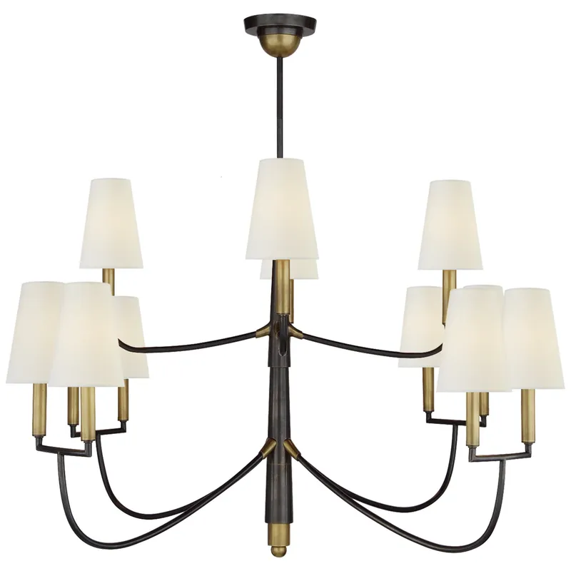 Thomas O'Brien Farlane Large Chandelier in Bronze with Hand-Rubbed Antique Brass with Linen Shades Ceiling Light W48.5"