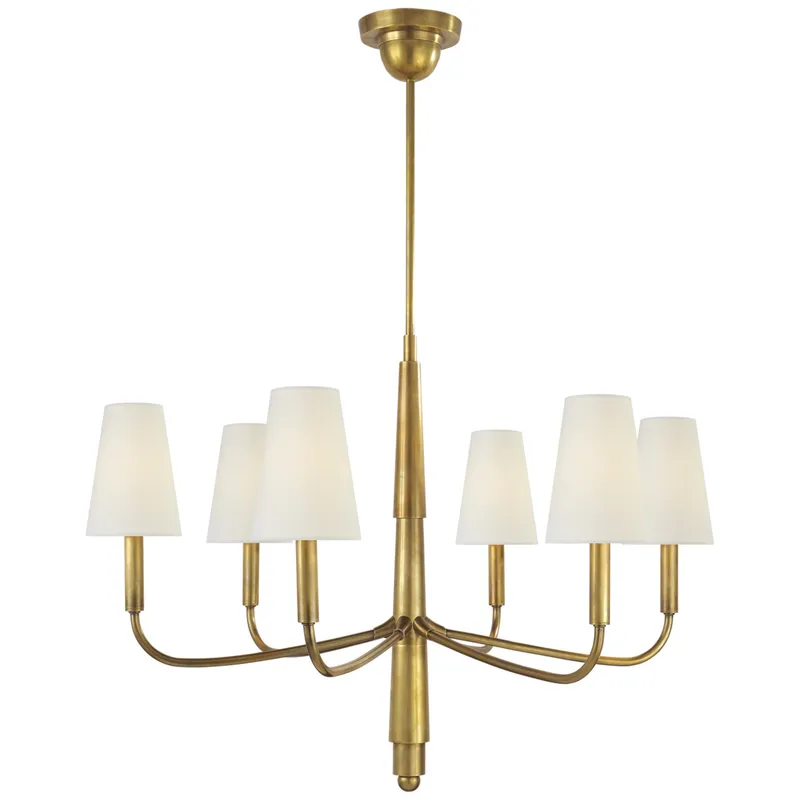 Thomas O'Brien Farlane Small Chandelier in Hand-Rubbed Antique Brass with Linen Shades Ceiling Light W33"