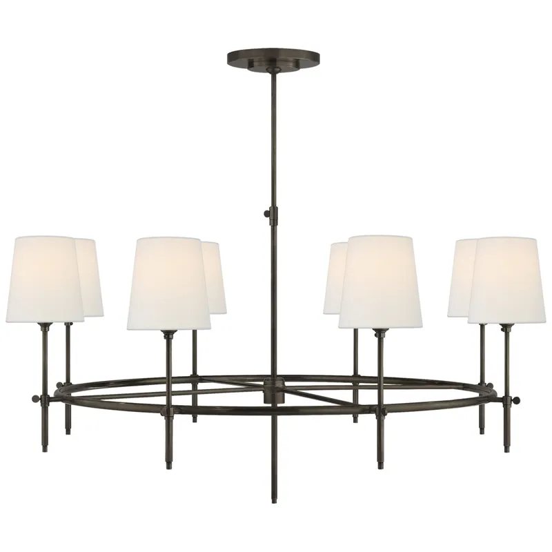 Thomas O'Brien Bryant Large Ring Chandelier in Bronze with Linen Shades Ceiling Light W41"