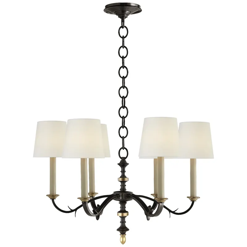 Thomas O'Brien Channing Small Chandelier in Blackened Rust with Hand-Rubbed Antique Brass with Linen Shades Ceiling Light W28" x H18.5"