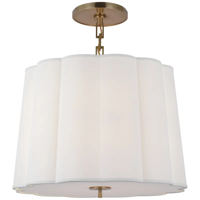 Barbara Barry Simple Scallop Large Hanging Shade in Soft Brass with Linen Shade Ceiling Light W25" x H21"