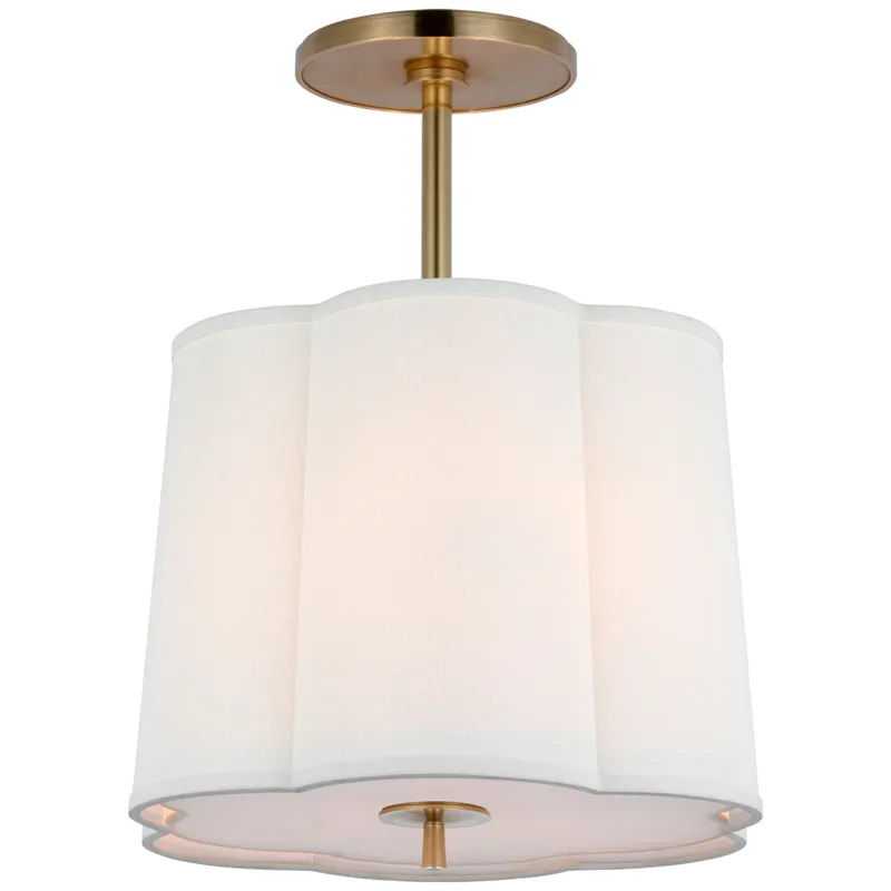 Barbara Barry Simple Scallop Hanging Shade in Soft Brass with Linen Shade Ceiling Light W15.75"