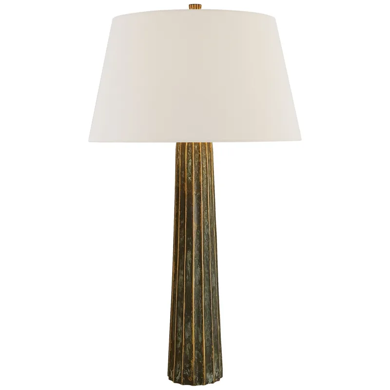 Chapman & Myers Fluted Spire Large Table Lamp in Bronze with Verdigris Highlights with Linen Shade W17" x H32.25"