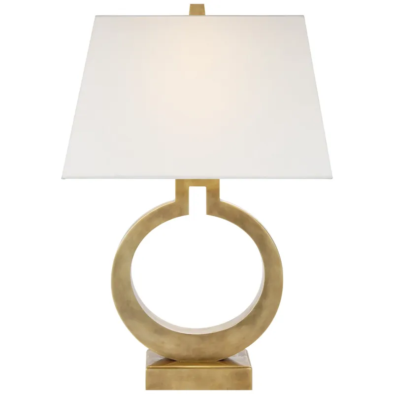 Chapman & Myers Ring Form Large Table Lamp in Antique-Burnished Brass with Linen Shade W18" x H27"