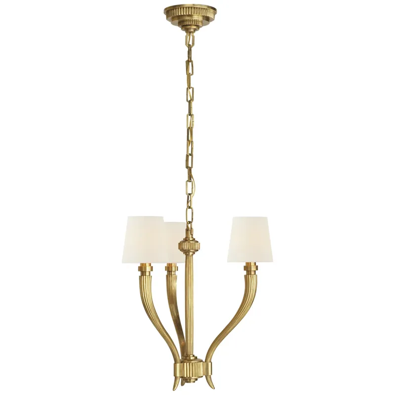 Chapman & Myers Ruhlmann Small Chandelier in Antique-Burnished Brass with Linen Shades Ceiling Light W17.5" x H17.5"