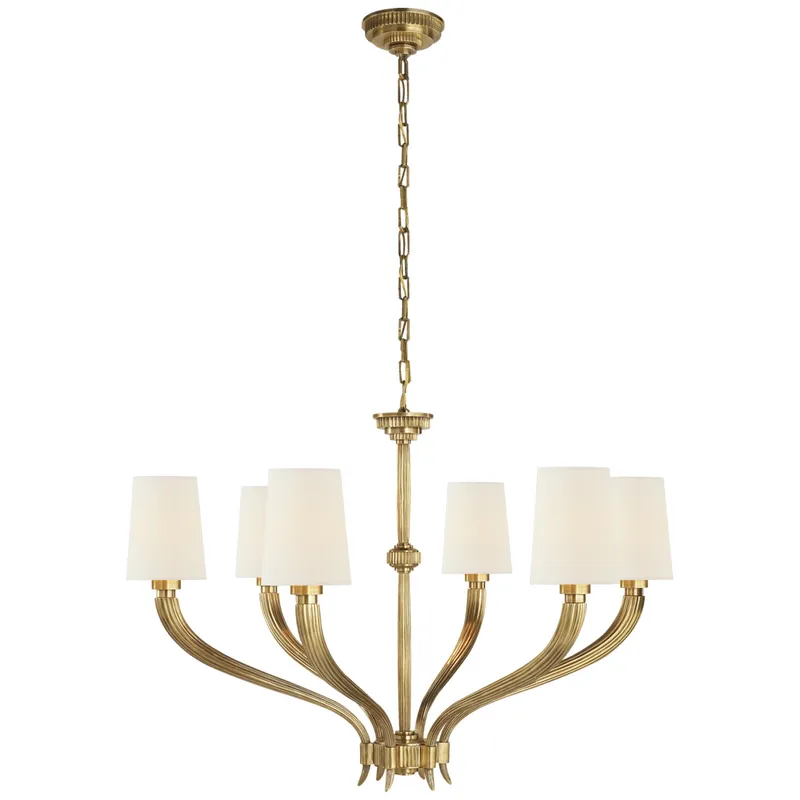 Chapman & Myers Ruhlmann Large Chandelier in Antique-Burnished Brass with Linen Shades Ceiling Light W35.25" x H24.25"