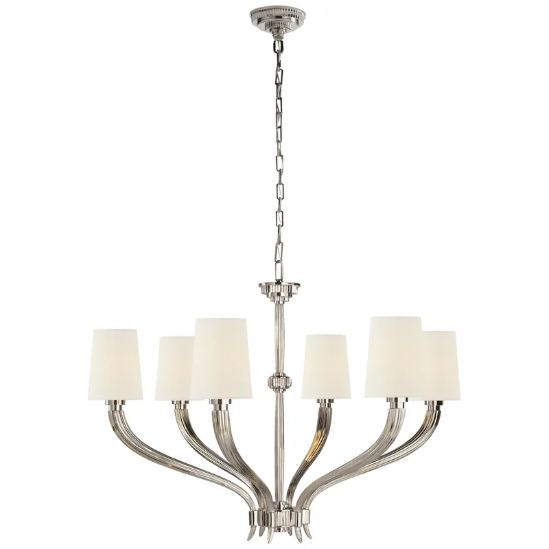 Chapman & Myers Ruhlmann Large Chandelier in Polished Nickel with Linen Shades Ceiling Light W35.25" x H24.25"