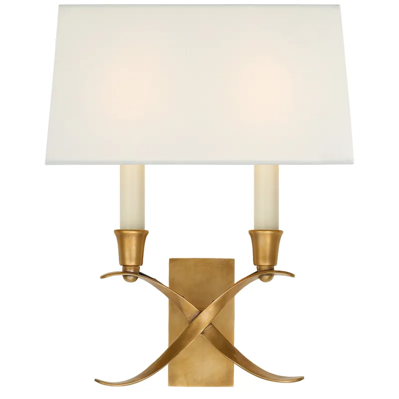 Chapman & Myers Cross Bouillotte Small Sconce in Antique-Burnished Brass with Linen Shade Wall Light W11.5" x H12.75"