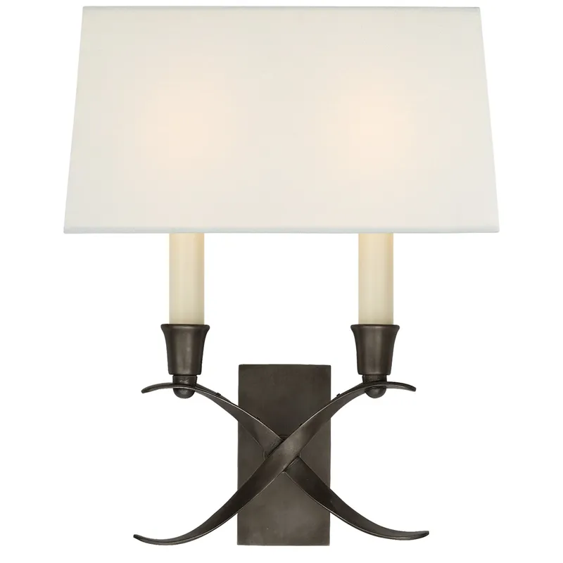 Chapman & Myers Cross Bouillotte Small Sconce in Bronze with Linen Shade Wall Light W11.5" x H12.75"