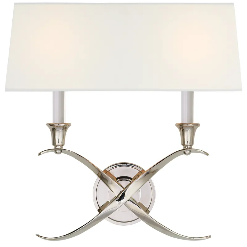 Chapman & Myers Cross Bouillotte Large Sconce in Polished Nickel with Linen Shade Wall Light W15.5" x H15"
