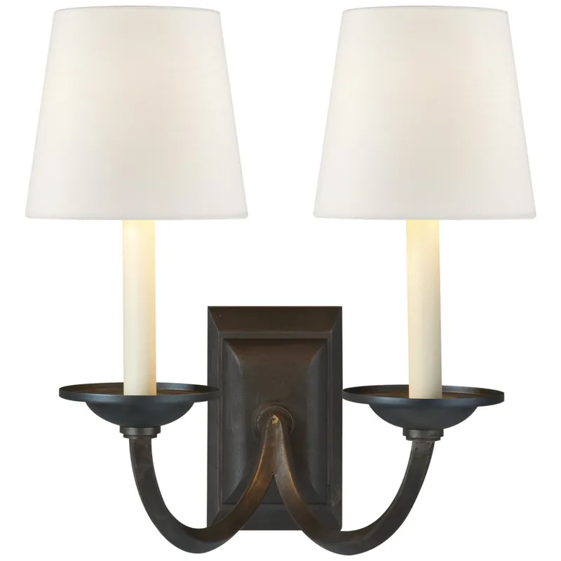 Chapman & Myers Flemish Double Sconce in Aged Iron with Linen Shades Wall Light W12.5" x H15"