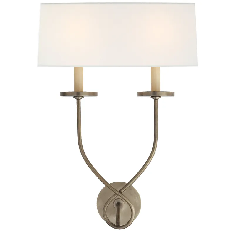 Chapman & Myers Symmetric Twist Double Sconce in Antique Nickel with Linen Shade Wall Light W14.5" x H20.25"