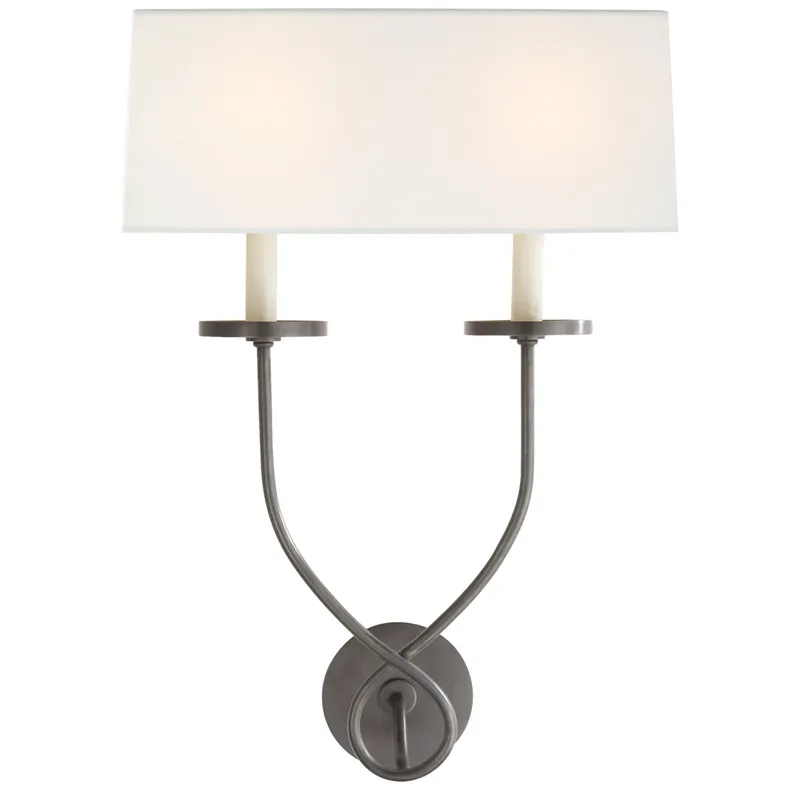Chapman & Myers Symmetric Twist Double Sconce in Bronze with Linen Shade Wall Light W14.5" x H20.25"