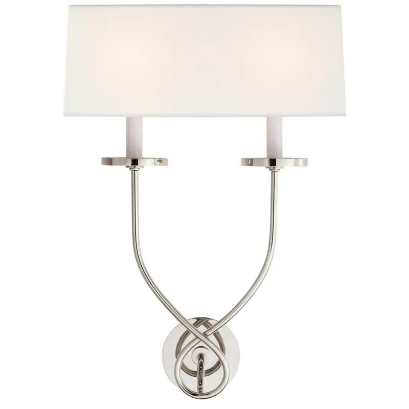 Chapman & Myers Symmetric Twist Double Sconce in Polished Nickel with Linen Shade Wall Light W14.5" x H20.25"