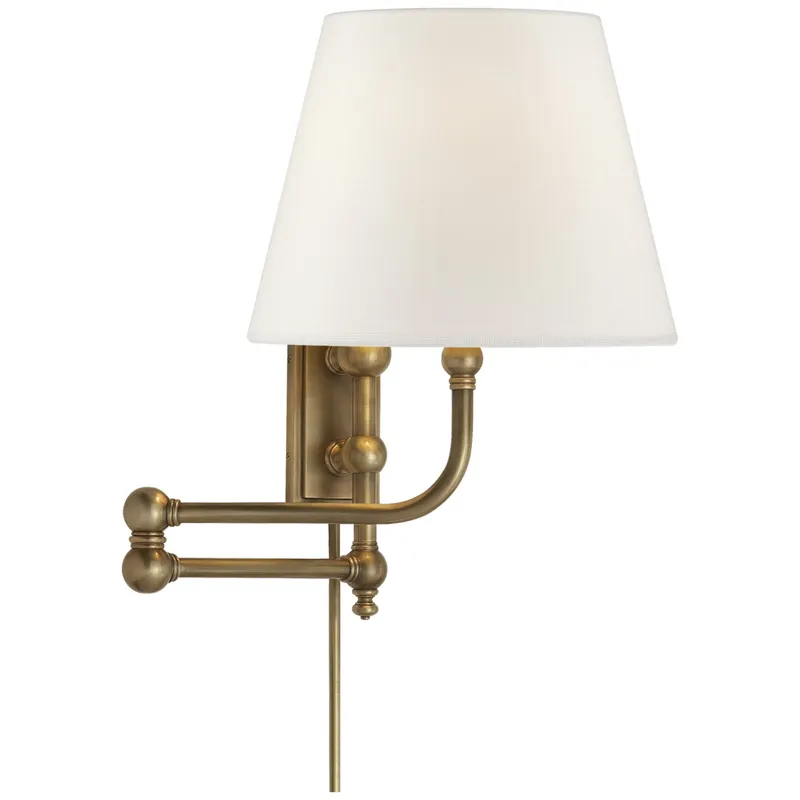 Chapman & Myers Pimlico Swing Arm in Antique-Burnished Brass with Linen Shade Wall Light W25.5" x H17"