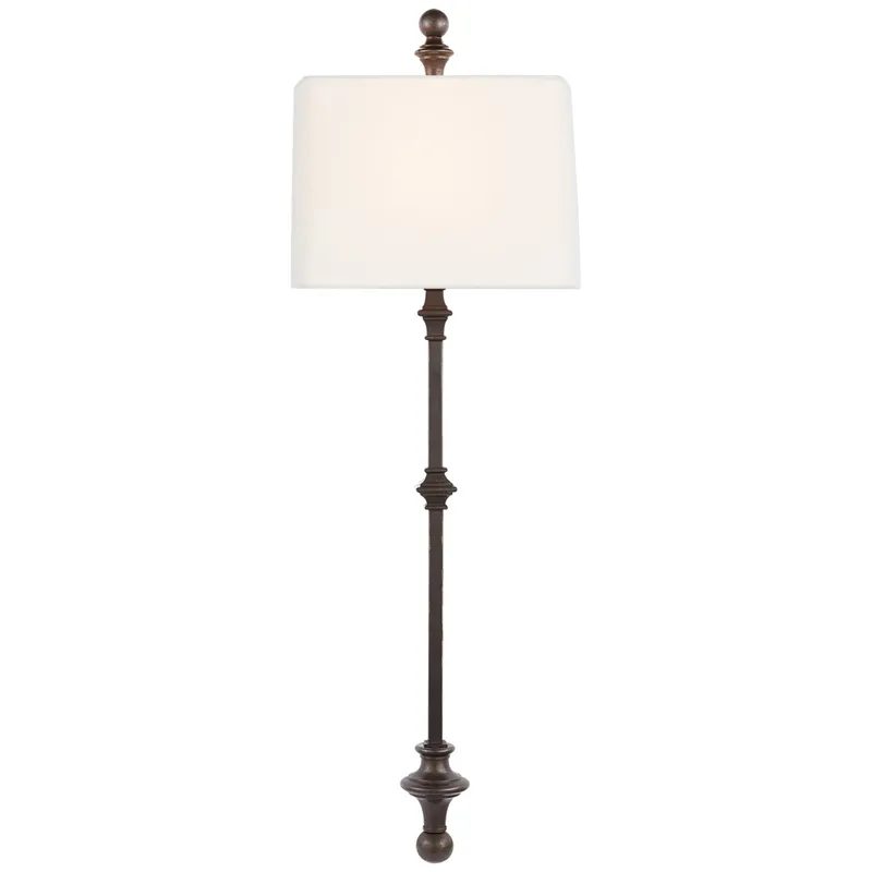 Chapman & Myers Cawdor Stanchion Wall Light in Aged Iron with Linen Shade W12.5" x H35.75"